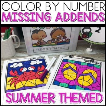 Missing Addends Color by number Worksheets Summer Themed