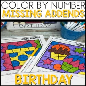 Color by Number Worksheets Missing Addends Birthday Themed