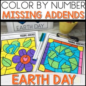 Color by Number Missing Addends Earth Day Worksheets