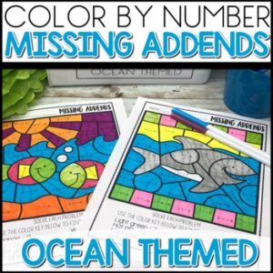 Color by Number Missing Addends OCEAN Themed activities