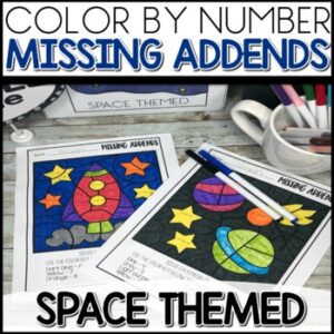 Color by Number Missing Addends Worksheets Space Themed activities