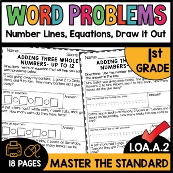 Adding 3 Numbers Word Problems Worksheets 1.OA.A.2