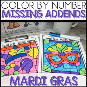 Missing Addends Color by Number Worksheets Mardi Gras Themed