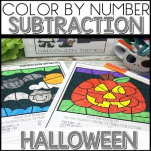 Halloween Color by Number Subtraction Worksheets