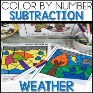Subtraction Color by Number Worksheets Weather Themed activities