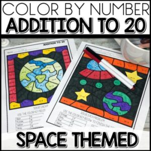 Color by Number Addition to 20 Worksheets Space Themed activities