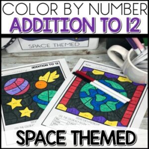 Color by Number Addition to 12 Worksheets Space Themed activities