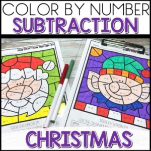 Color by Number Subtraction Christmas worksheets