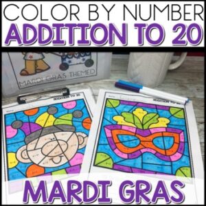 Addition to 20 Color by Number Worksheets Mardi Gras Themed activities