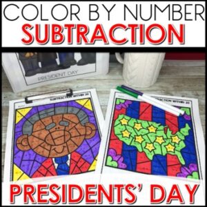 Color by Number Subtraction to 20 Worksheets President Day activities