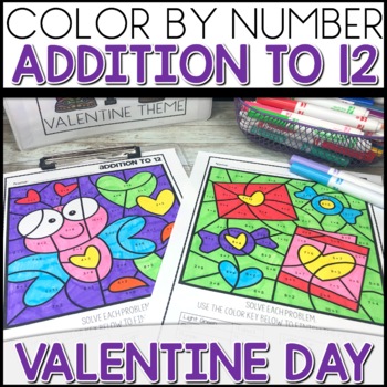 Valentine's Day Color by Number Addition to 12 Worksheets activities