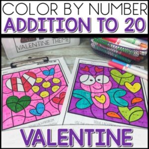 Valentine's Day Color by Number Addition to 20 Worksheets activities