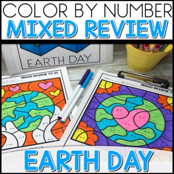 Color by Number Addition and Subtraction Earth Day Worksheets