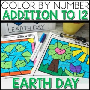Color by Number Addition to 12 Earth Day Worksheets