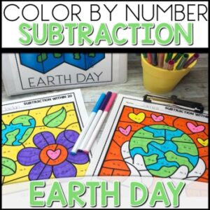Color by Number Subtraction Earth Day Worksheets 