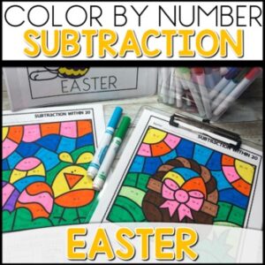 Subtraction Color by Number Worksheets Easter Themed