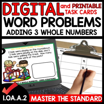 Three Addends Word Problems Task Cards Digital and Printable