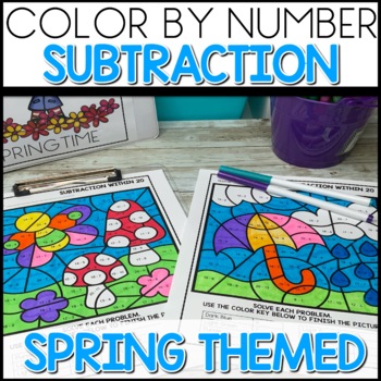 Color by Number Subtraction Spring Worksheets activities