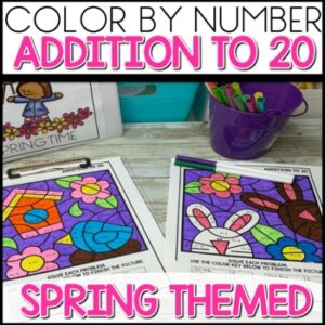 Color by Number Addition to 20 Spring Worksheets activities