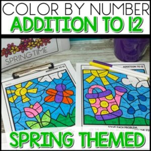 Color by Number Addition to 12 Spring Worksheets activities