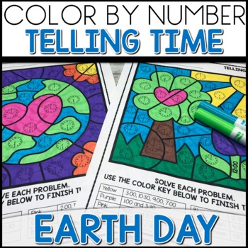 Earth Day Color by Number Math Telling Time Worksheets