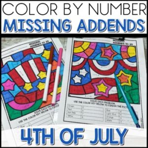 Color by Number 4th of July Missing Addends Worksheets