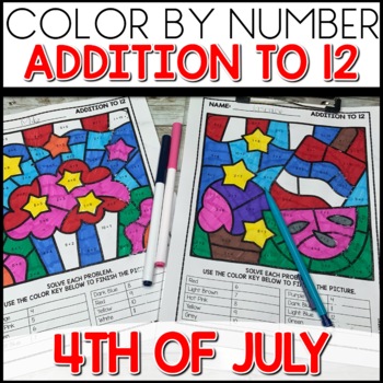 Color by Number 4th of July Addition to 12 Worksheets