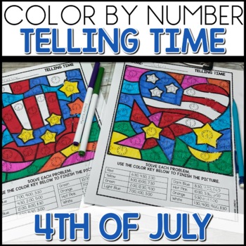 Color by Number 4th of July Telling Time Worksheets