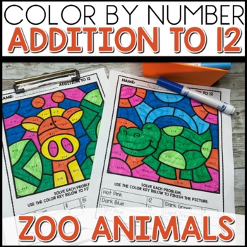 Color by Number Addition to 12 Worksheets Zoo Themed activities