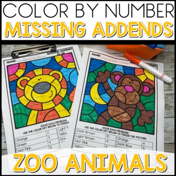 Color by Number Missing Addends Worksheets Zoo Themed
