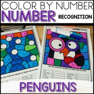 Penguin Themed Number Recognition Color by Number Worksheets