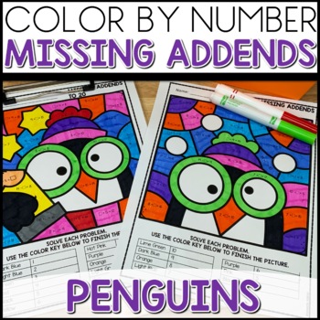 Color by Number Missing Addends Worksheets Penguin Themed