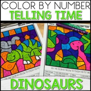 Color by Number Telling Time Worksheets Dinosaur Themed