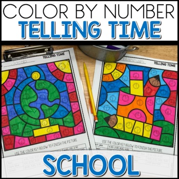 Telling Time Color By Number Worksheets Back to School Themed