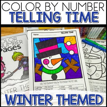 Winter Themed Telling Time Color By Number Worksheets