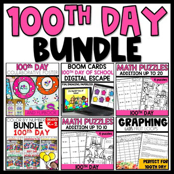 100th Day of School Math Activities First Grade Bundle with bulletin board ideas and collaborative poster
