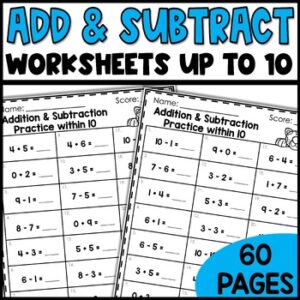 Addition and subtraction within 10 worksheets for first grade and kindergarten math fluency practice