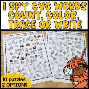 CVC Words I Spy Worksheets, Short Vowel Count & Color