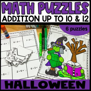 Halloween math puzzles addition to 10 and 12 worksheets for kindergarten and 1st grade