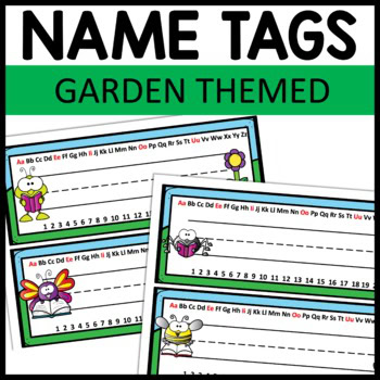 Garden themed name tags and name plates for classroom decor with alphabet and number line
