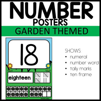 Garden themed number posters 0-20 with ten frames, tally marks, and number words for classroom decor