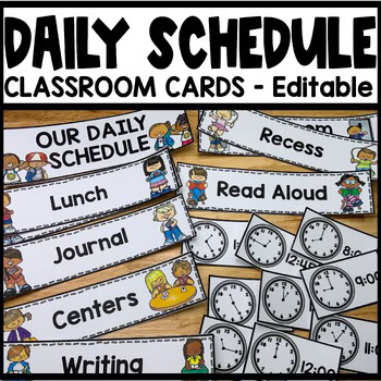 Daily Schedule Cards Editable with Pictures and Time Clocks Templates Classroom
