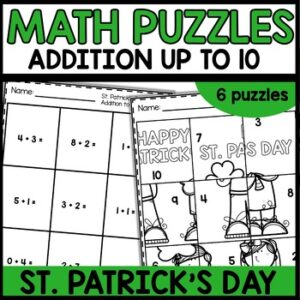 St. Patrick's Day addition to 10 math puzzles for kids – cut and glue activity for early finishers
