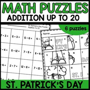 St. Patrick's Day addition to 20 math puzzles for kids – cut and glue activity sheets