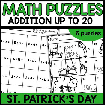 St. Patrick's Day addition to 20 math puzzles for kids – cut and glue activity sheets