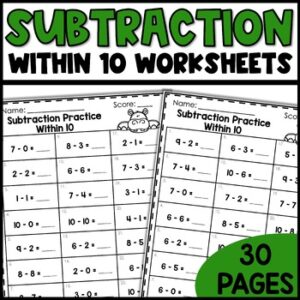 Subtraction within 10 worksheets for first grade math fluency practice and kindergarten readiness