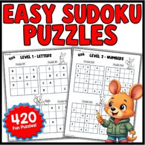 Sudoku Puzzles for Kids, Numbers, Letters, Mixed Levels
