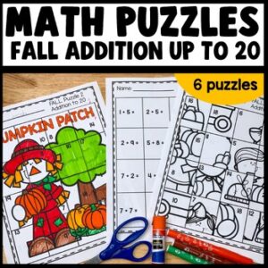 Addition up to 20 cut and paste mystery picture puzzle worksheets for 1st grade fall math