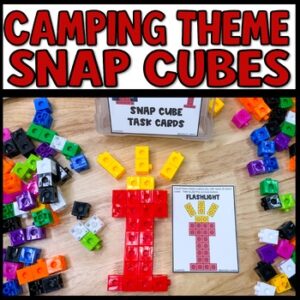 Camping snap cube task cards for elementary STEM activities with colorful cube pattern cards