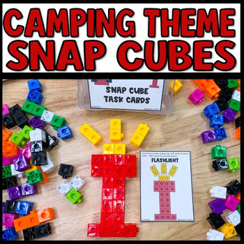 Camping snap cube task cards for elementary STEM activities with colorful cube pattern cards